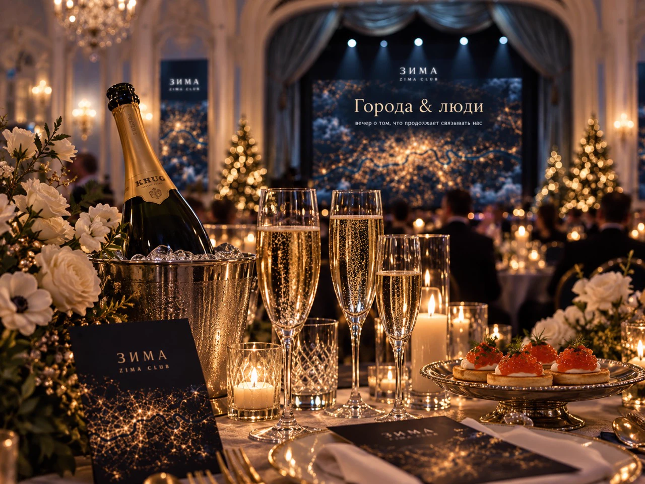 Champagne, candles and a festive table setting