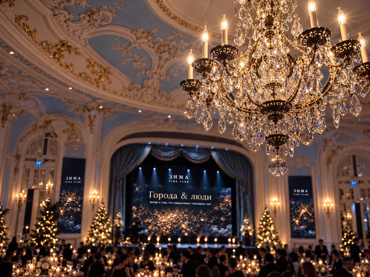 Crystal chandeliers and a stage with city lights