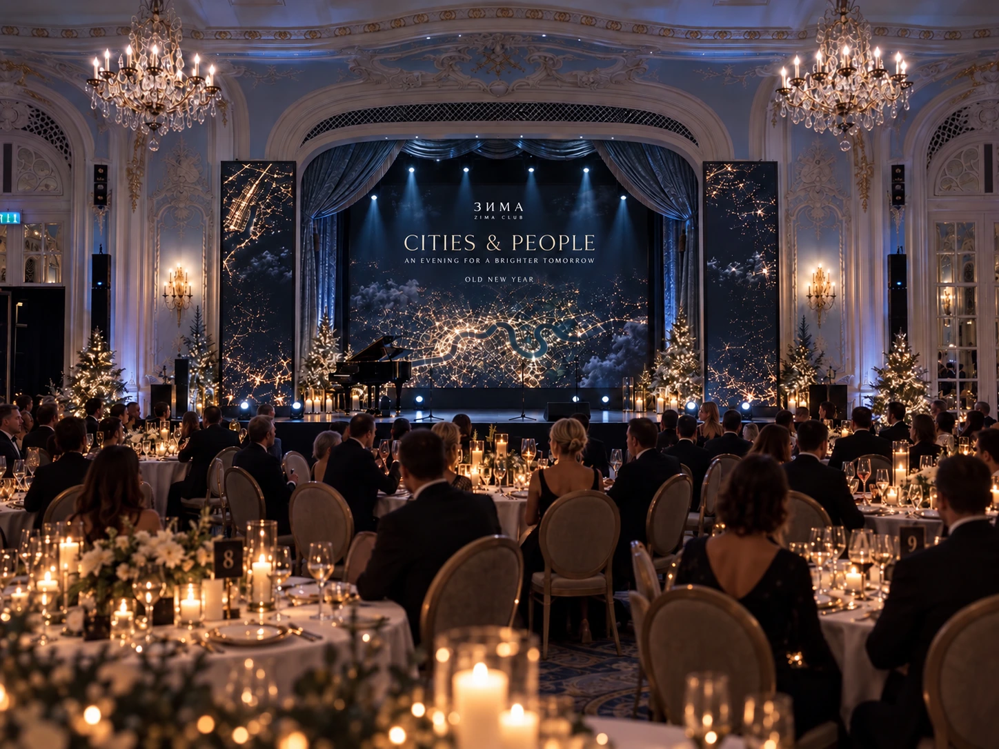 The gala ballroom with a piano, candles and a night city on screen