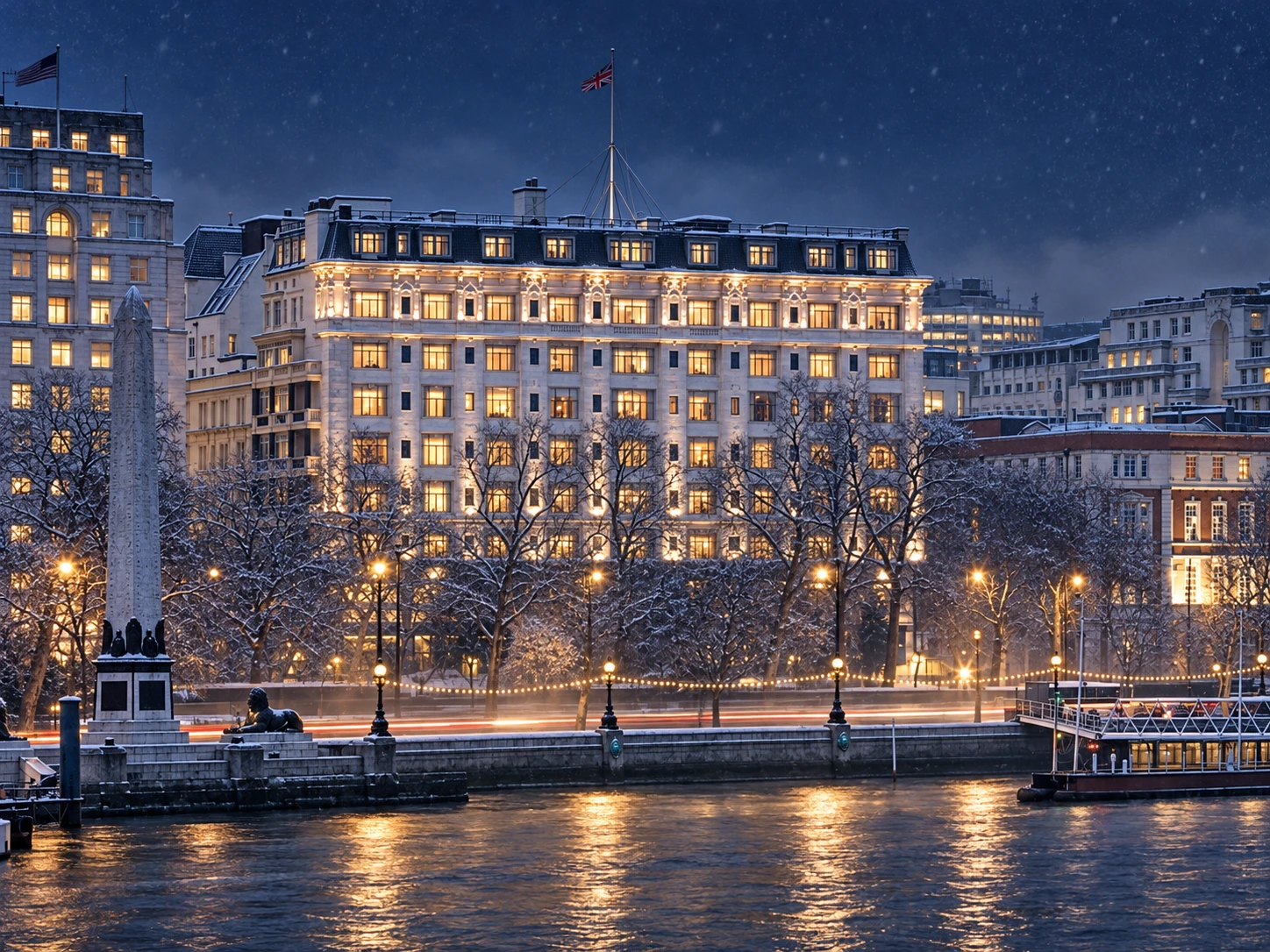 An artistic winter evening view of The Savoy from the Thames